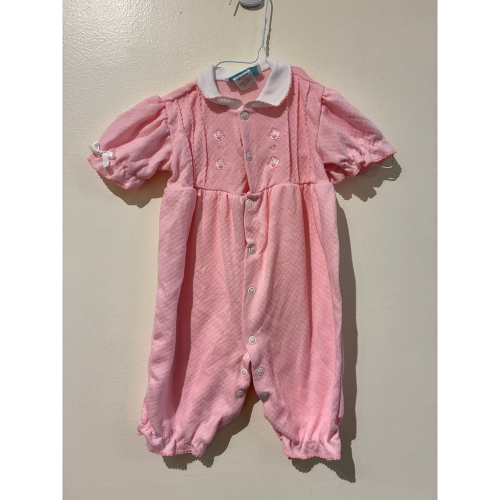 Vintage BabyGro Pink Pointelle Romper Embroidered Flowers 90s Made in USA 6-9M